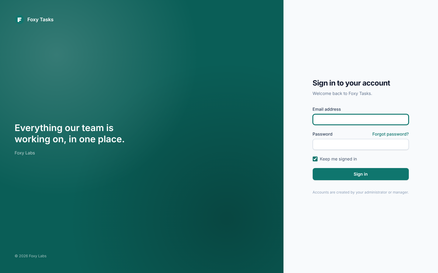 The same sign-in page rebranded as Foxy Tasks in teal